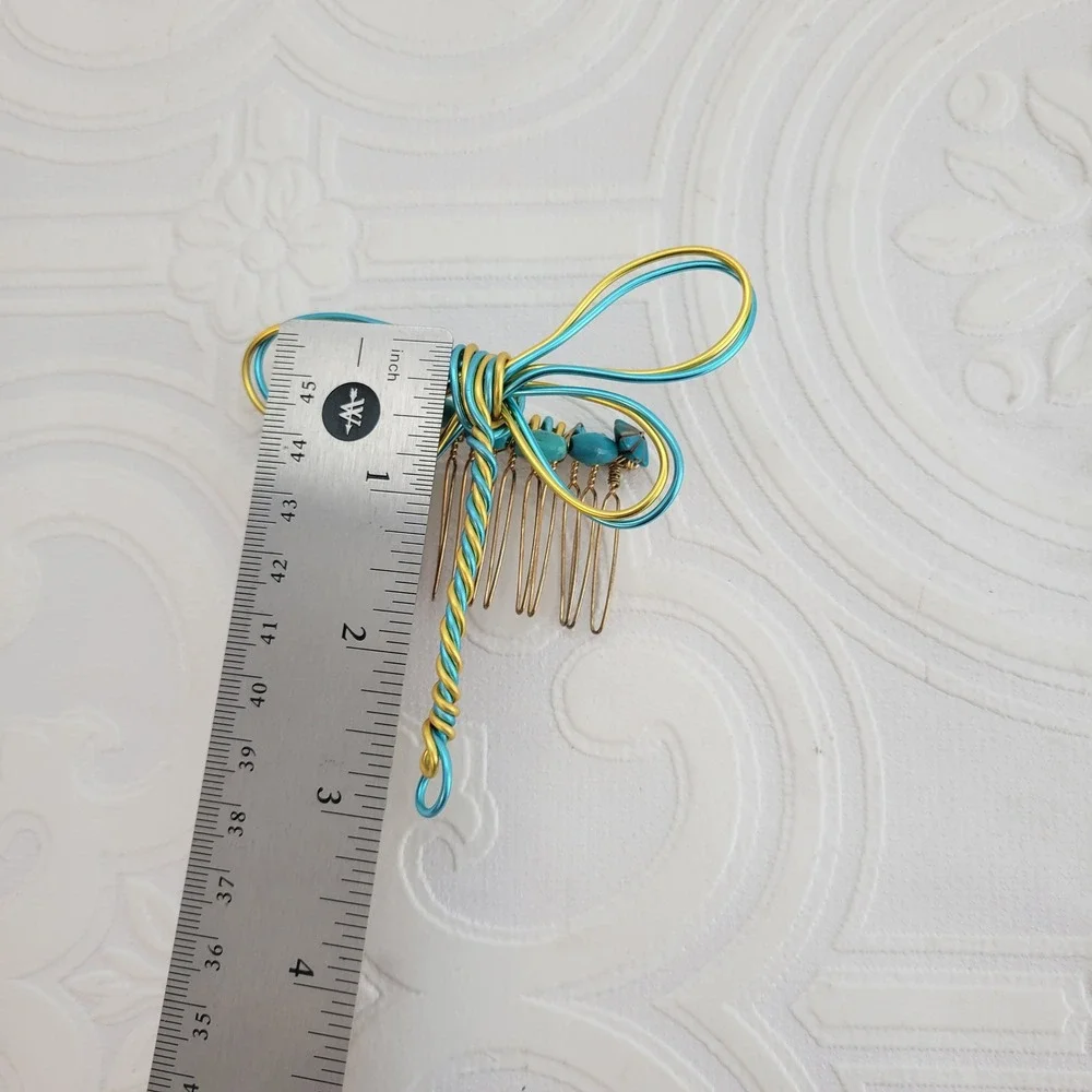 Handmade Dragonfly Hair Comb Teal Gold Wire Gemstone Rhinestone Vintage Art Deco